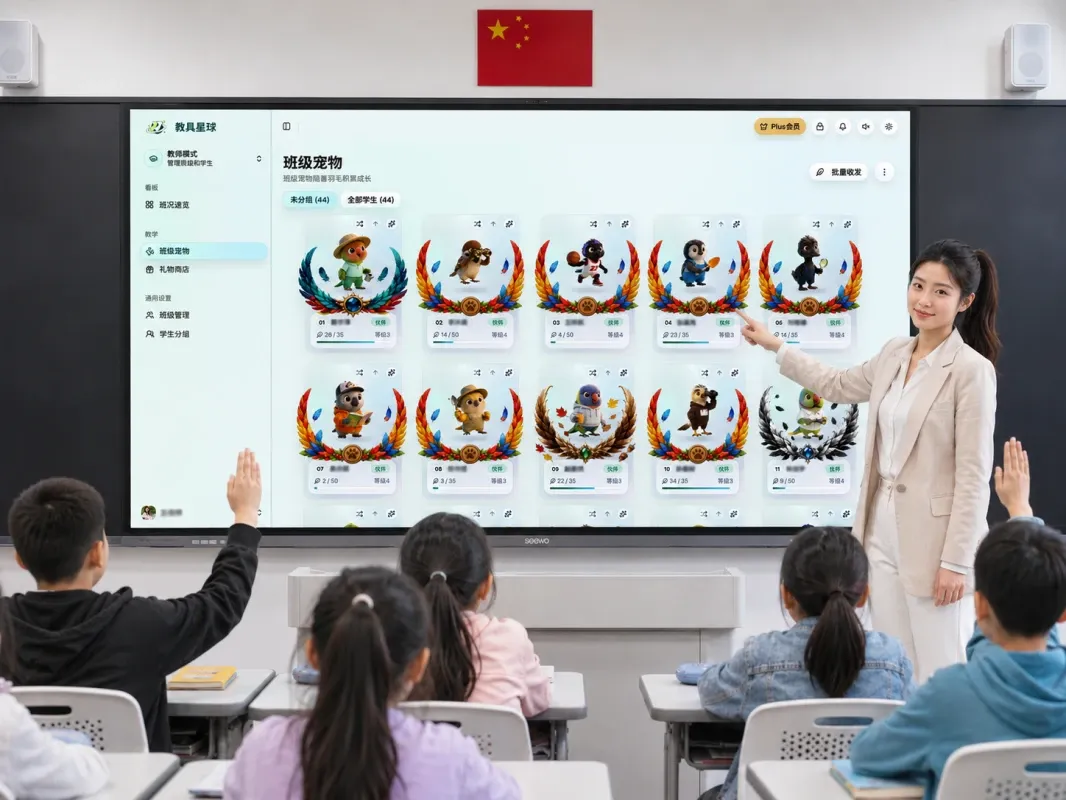 教师在教室里通过Seewo希沃白板展示教具星球班级宠物系统